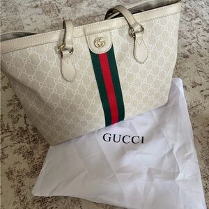 Beige Tote Bag with Red and Green Stripes